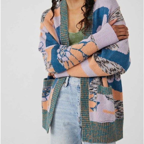 FREE PEOPLE AUGUST CARDIGAN - ORCHID TEAL COMBO Size XS - Picture 4 of 6